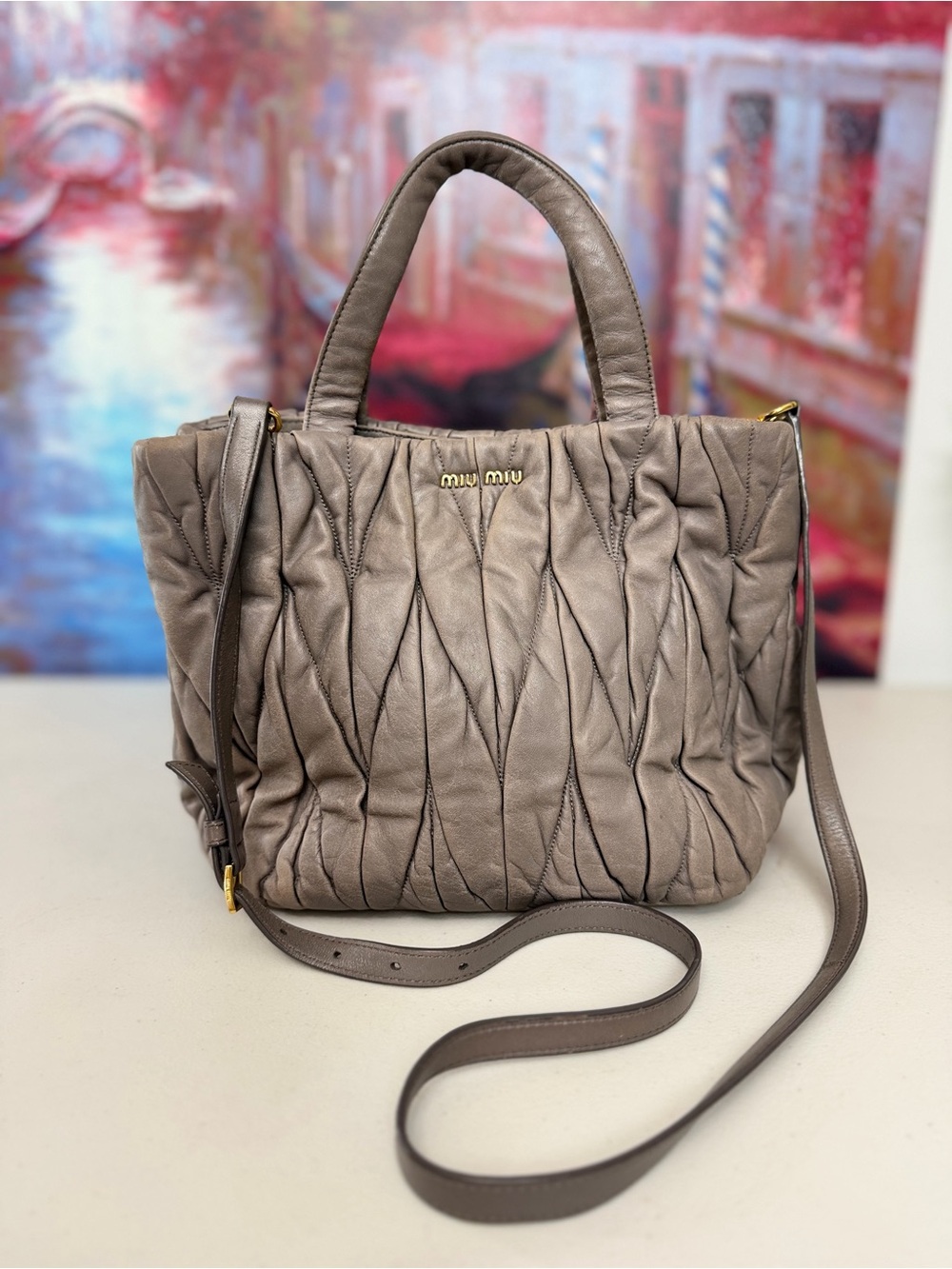 Miu Miu Taupe Quilted Leather Shoulder Bag